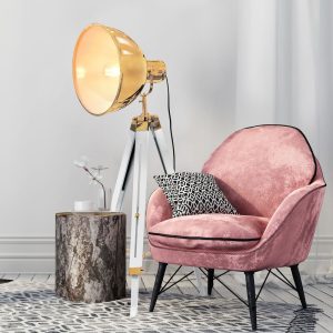 Vloerlamp Aurora Industry op Driepoot – Metaal- Goud/Wit – 65x56x143cm